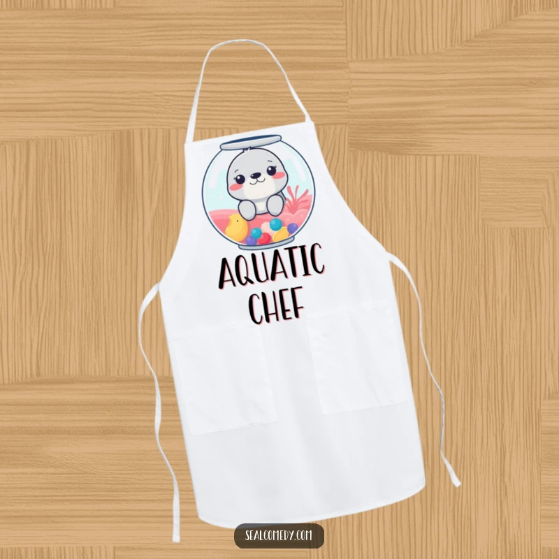 Funny apron designed with a seal peeking from a colorful fishbowl, making kitchen tasks more amusing.