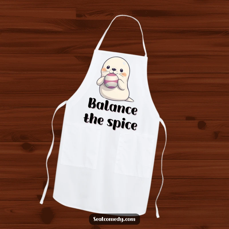 Funny Seal Apron: A kitchen apron featuring a cute seal with a ball perfectly balanced on its nose, ready for culinary adventures.