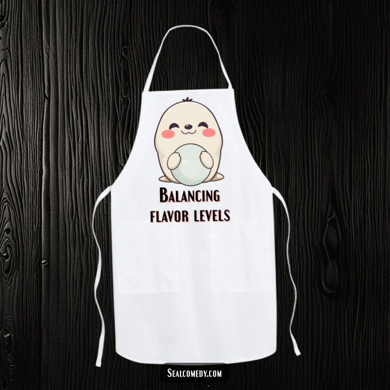 Funny smiling seal apron, great for cooking, showing a happy seal balancing a ball, bringing circus flair to the kitchen.