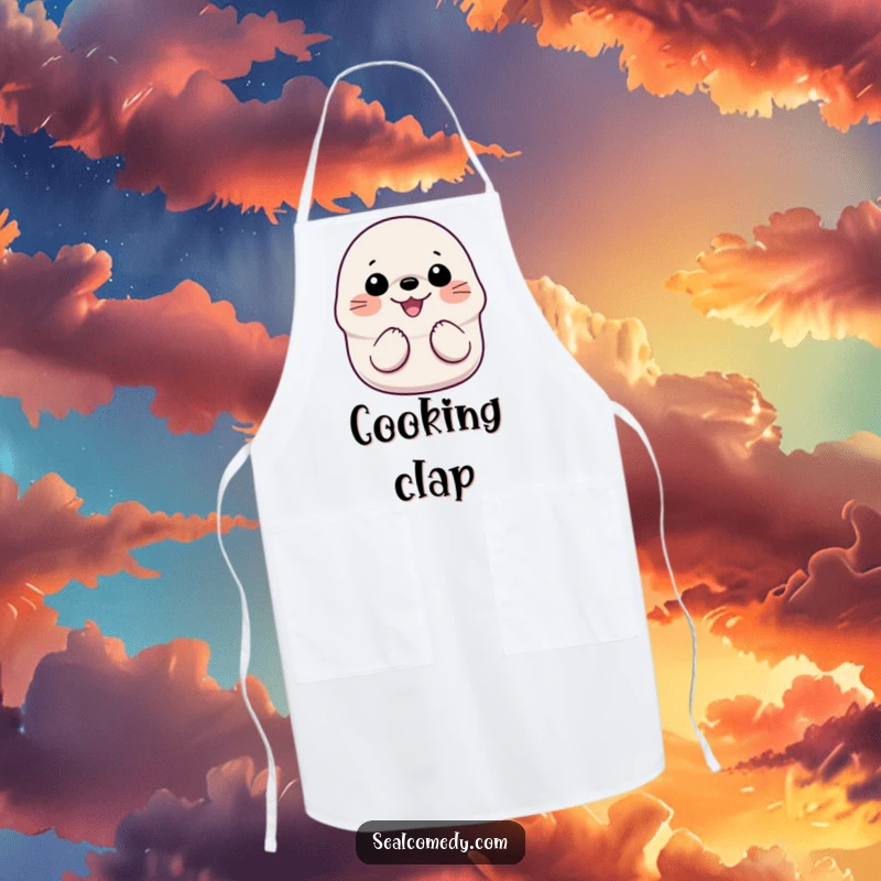 Funny Smiling Seal Apron: A kitchen apron featuring a happy seal with its flippers clapping together in a gesture of pure glee.