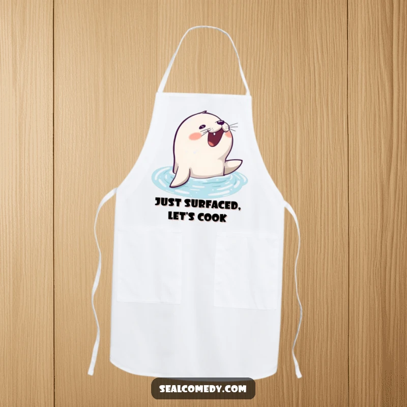 Funny seal apron for the kitchen, showing an eager seal barking excitedly as it surfaces from the water.