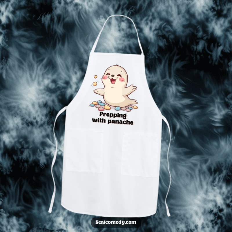 Funny apron designed with a giggling seal masterfully juggling shiny pebbles, adding humor to kitchen tasks.