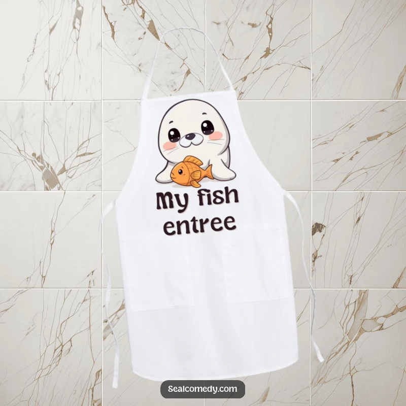 Funny seal with wide, innocent eyes peering at a fish toy, a cute and humorous kitchen apron.