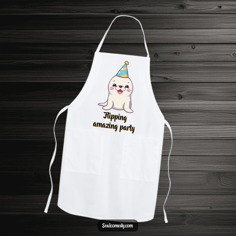 Funny apron showing a seal wearing a party hat and honking enthusiastically, ideal for adding humor to cooking and hosting.
