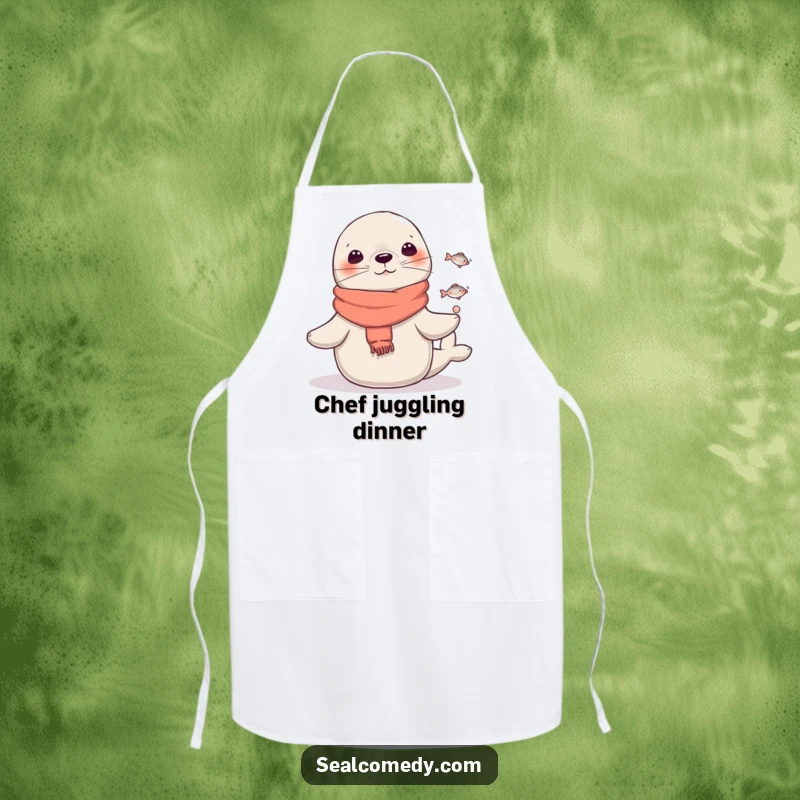 Funny Seal Apron: A seal wearing a scarf juggles fish, bringing a humorous and talented touch to this practical kitchen accessory. Perfect funny gift.