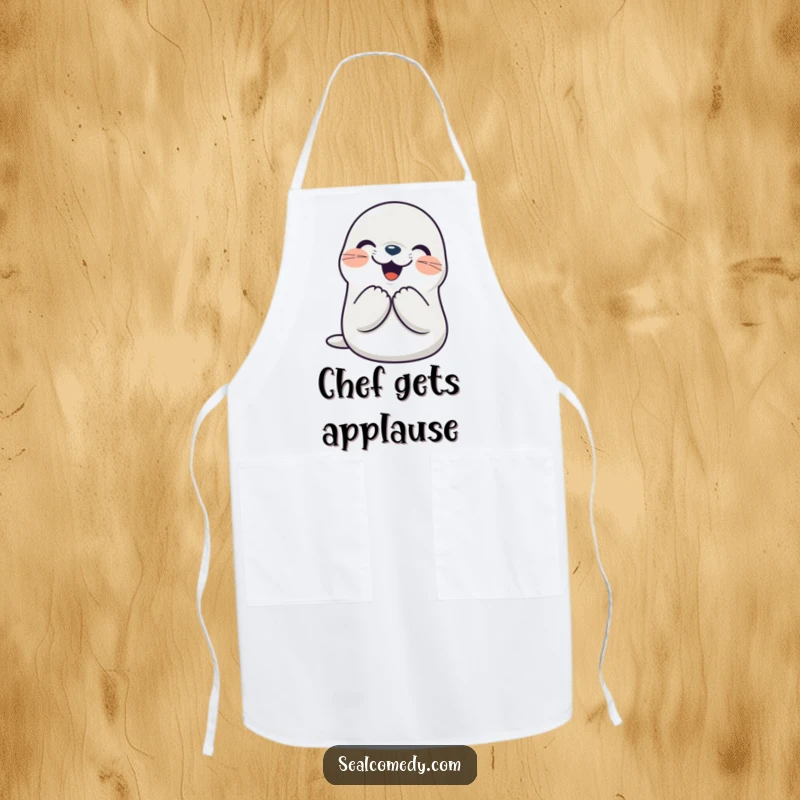 Funny seal apron showing a smiling character clapping its flippers together joyfully, perfect for kitchen cheer. A humorous cooking item.