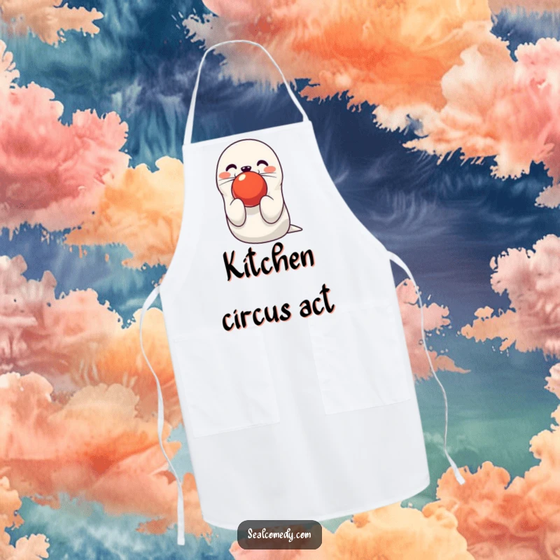 Funny seal apron showing a cute character balancing a red ball on its nose, perfect for kitchen fun. A humorous cooking item.