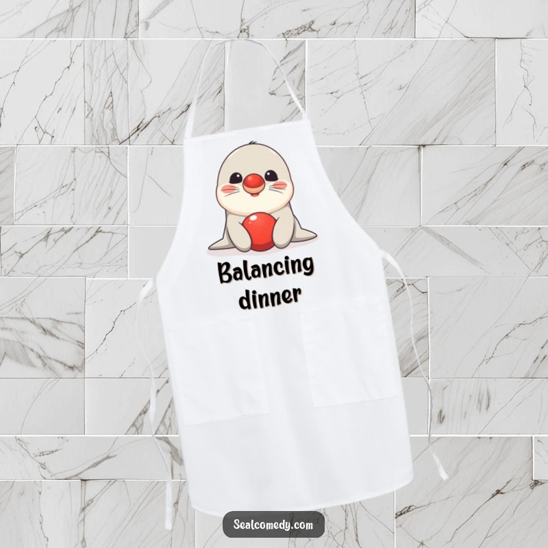 Funny seal apron showing a happy sea creature balancing a bright red ball on its nose, perfect for skillful cooking.
