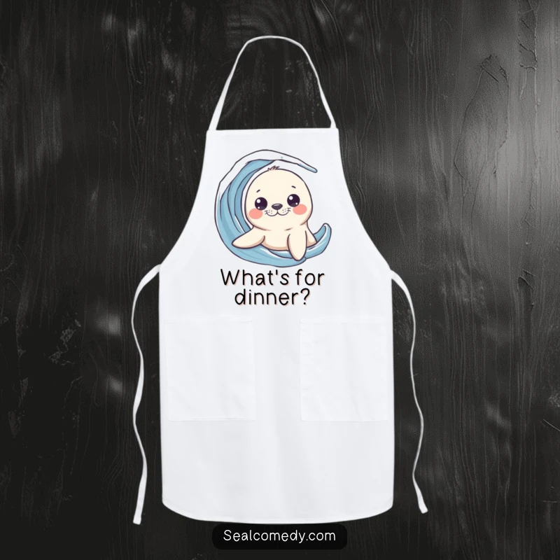 Funny seal apron showing a curious sea creature peeking its head out from a wave, perfect for inquisitive cooking.