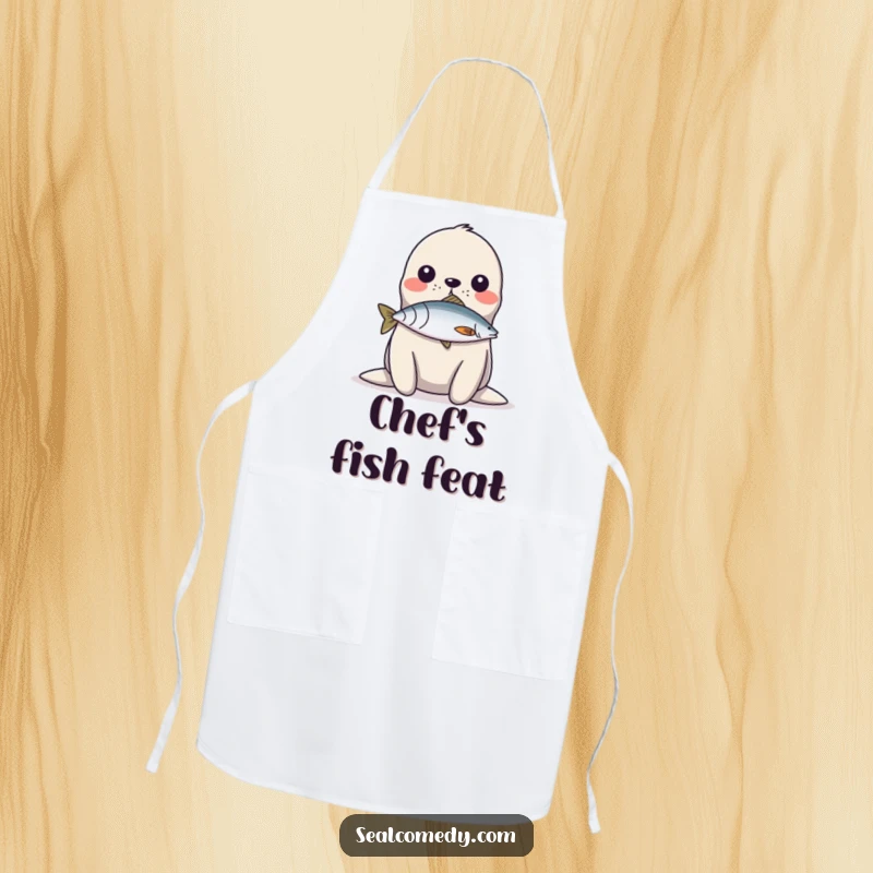 Funny Apron: A seal balances a fish on its nose, perfect for a humorous cooking or baking session.