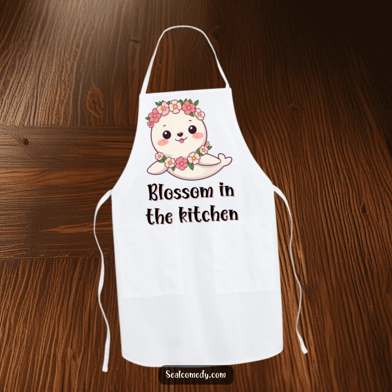 Funny Apron: A seal adorned with a flower garland swims gracefully, perfect for a humorous kitchen.