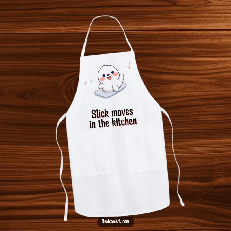 Funny apron featuring a seal gleefully sliding down a snow bank, adding a humorous touch to kitchen activities.