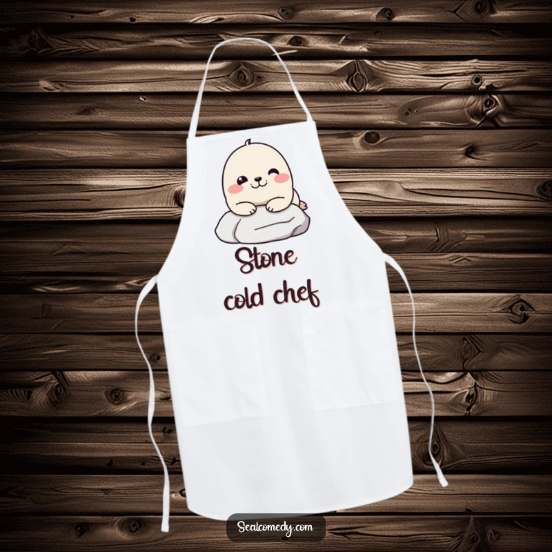 Funny kitchen apron featuring a seal with a pleased expression resting its chin on a stone, ideal for humorous chefs and bakers.