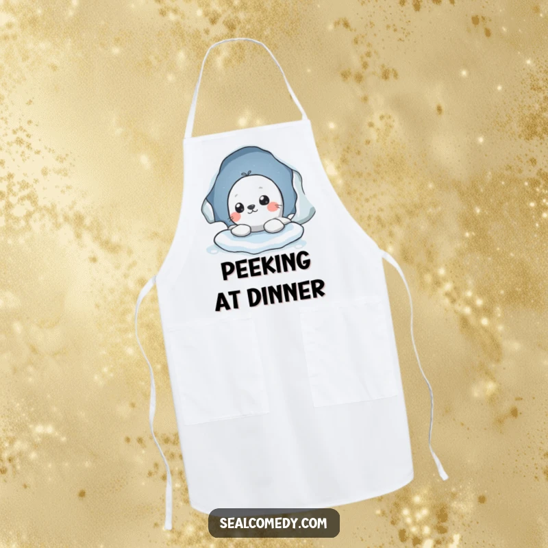 Funny apron showing a seal character peeking out from an ice hole, ideal for kitchen curiosity and a great funny gift.
