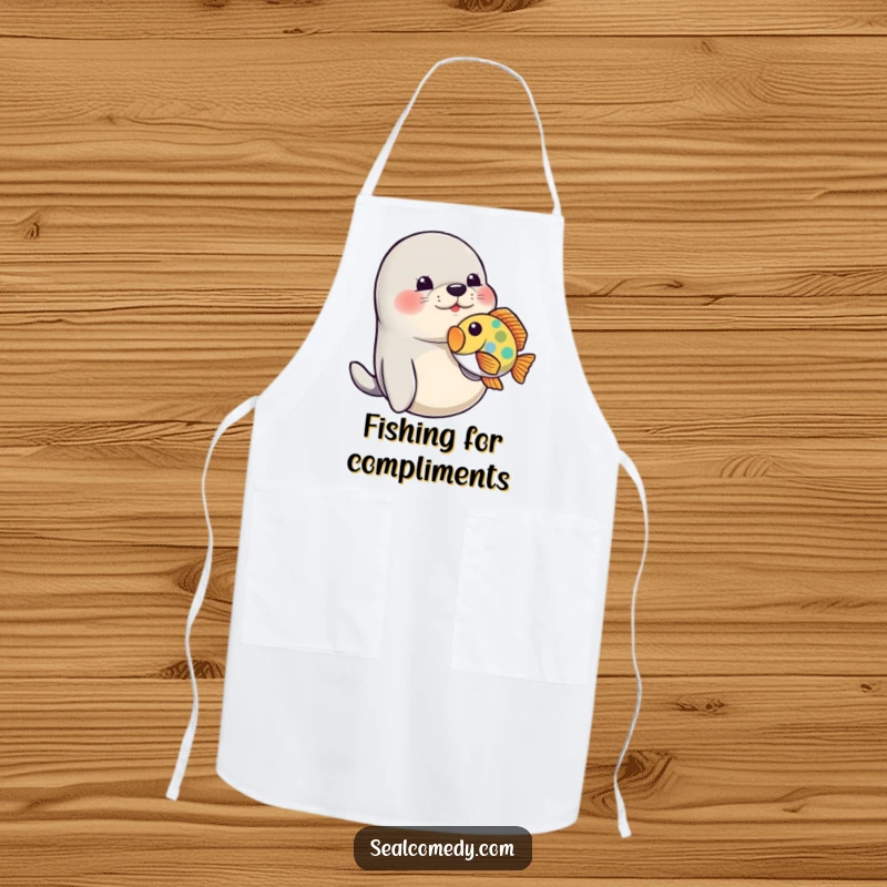 Funny Seal Apron: A playful seal nudges a colorful fish, adding humorous charm to your kitchen attire.