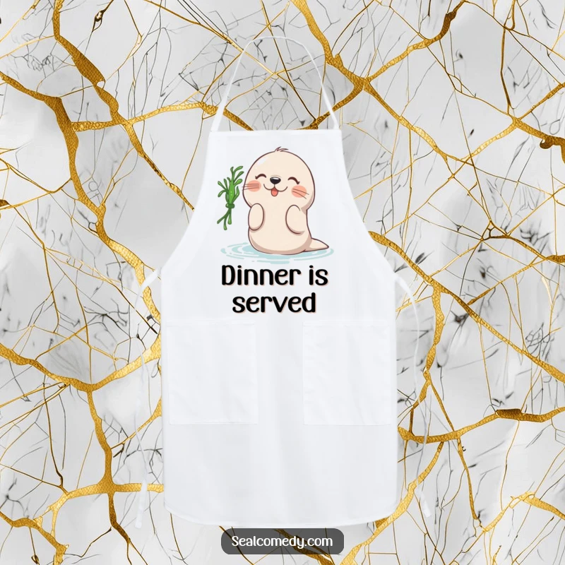 Funny apron with a seal character playfully batting at a piece of seaweed, adding humor and charm to kitchen tasks.