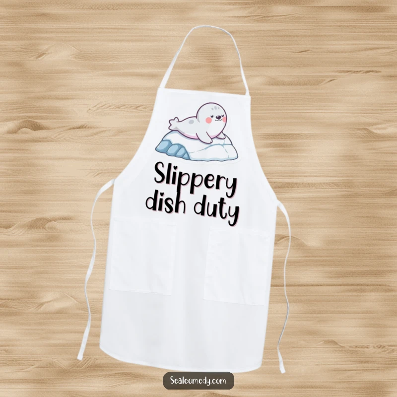 Funny apron showing a seal character sliding down an icy slope, ideal for kitchen fun and a great funny gift.