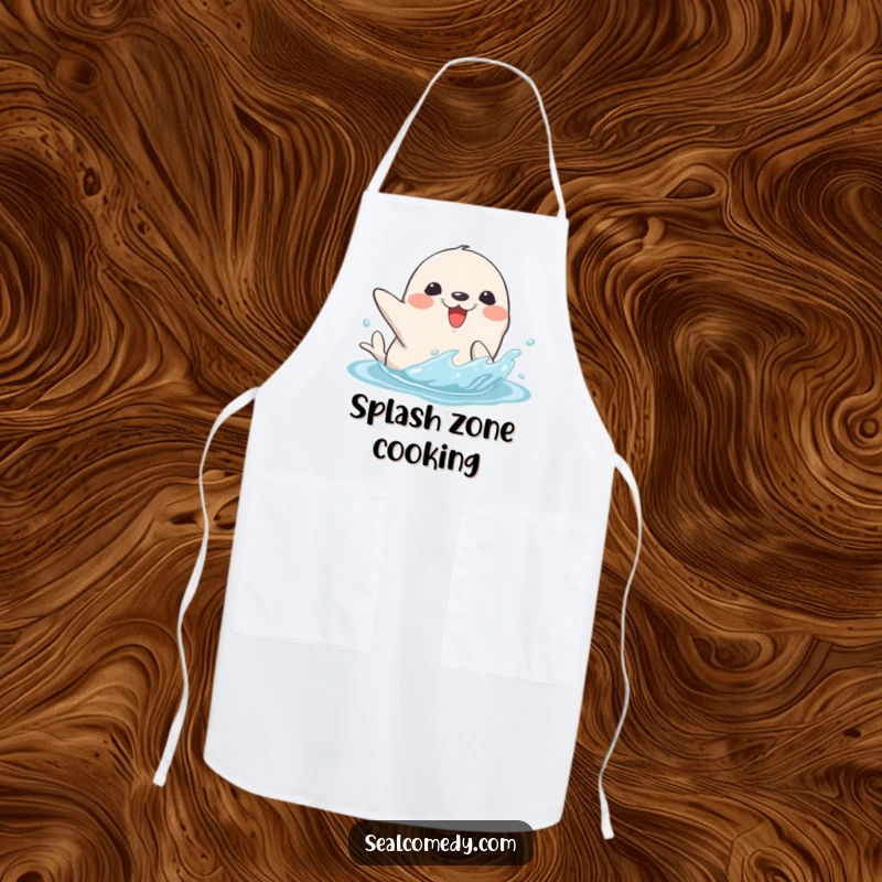 Funny apron showing a seal character splashing water with its flipper, ideal for kitchen fun and a great funny gift.