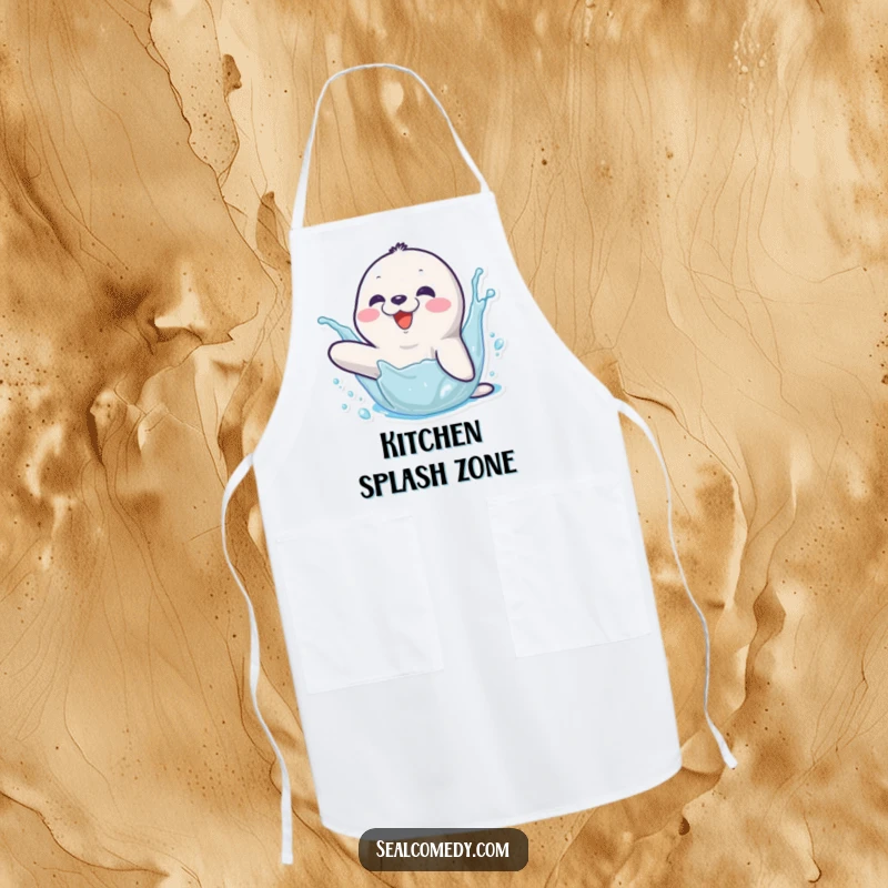 Funny apron showcasing a happy seal character splashing water with its flipper, ideal for a fun and playful kitchen.