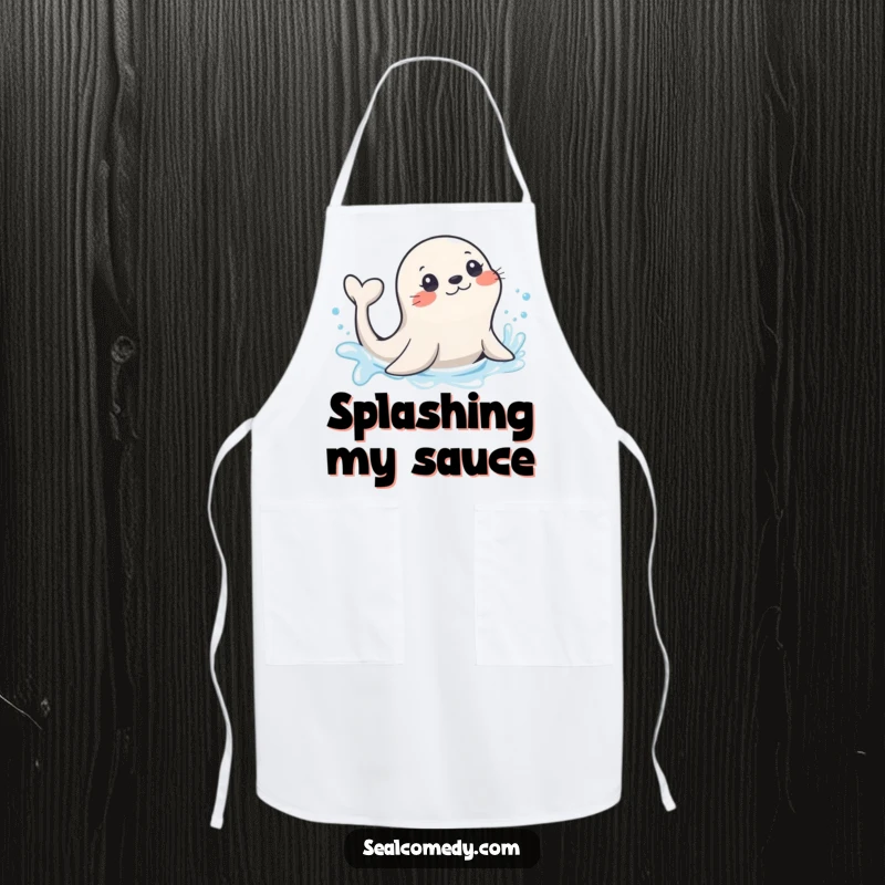 Funny seal with a playful flick of its tail, splashing in sparkling water, a cute and humorous kitchen apron.