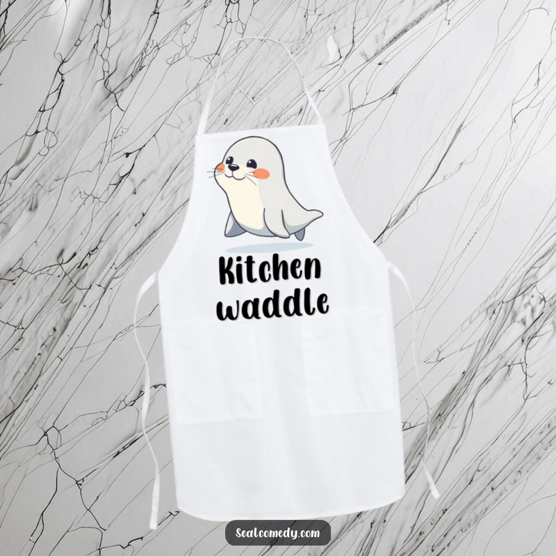 Funny apron showcasing a seal waddling with a determined, happy gait, perfect for a chef who cooks with passion and perseverance.