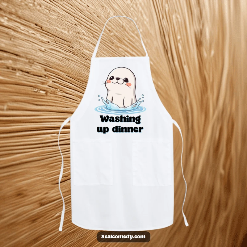 Funny Seal Apron: A seal shakes water off its head, bringing a humorous and refreshing touch to this practical kitchen accessory. Perfect funny gift.