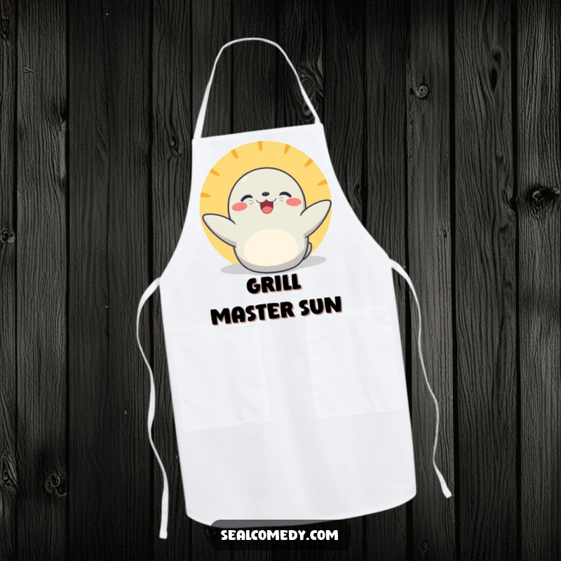 Funny basking seal apron with flippers extended, perfect for adding cheerful sunny humor and adorable animal charm to cooking and baking.