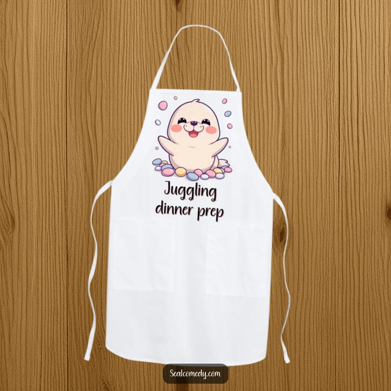 Funny seal apron showing a happy seal juggling shiny pebbles, great for adding humor to any kitchen task.