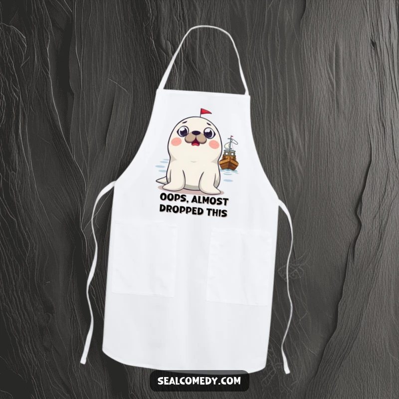 Funny surprised seal apron, showing a seal with wide eyes comically reacting to a boat, ideal for cooking humor.