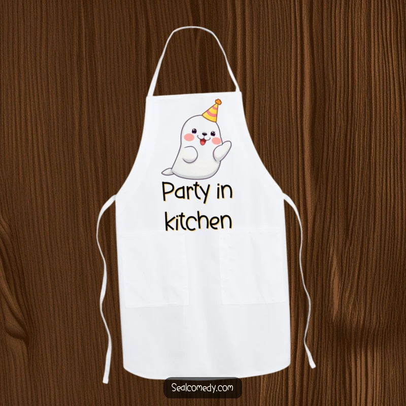 Funny seal with a tiny party hat, clapping its flippers together, a cute and humorous kitchen apron.