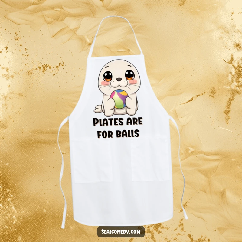 Funny seal balancing a colorful ball on its nose, a cute and functional apron for the kitchen.