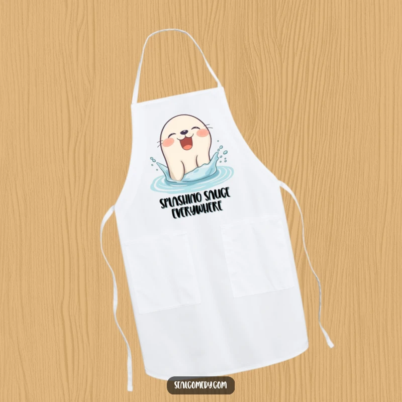 Funny seal apron giggling as it pops its head out of the water with a splash, a joyful marine mammal.