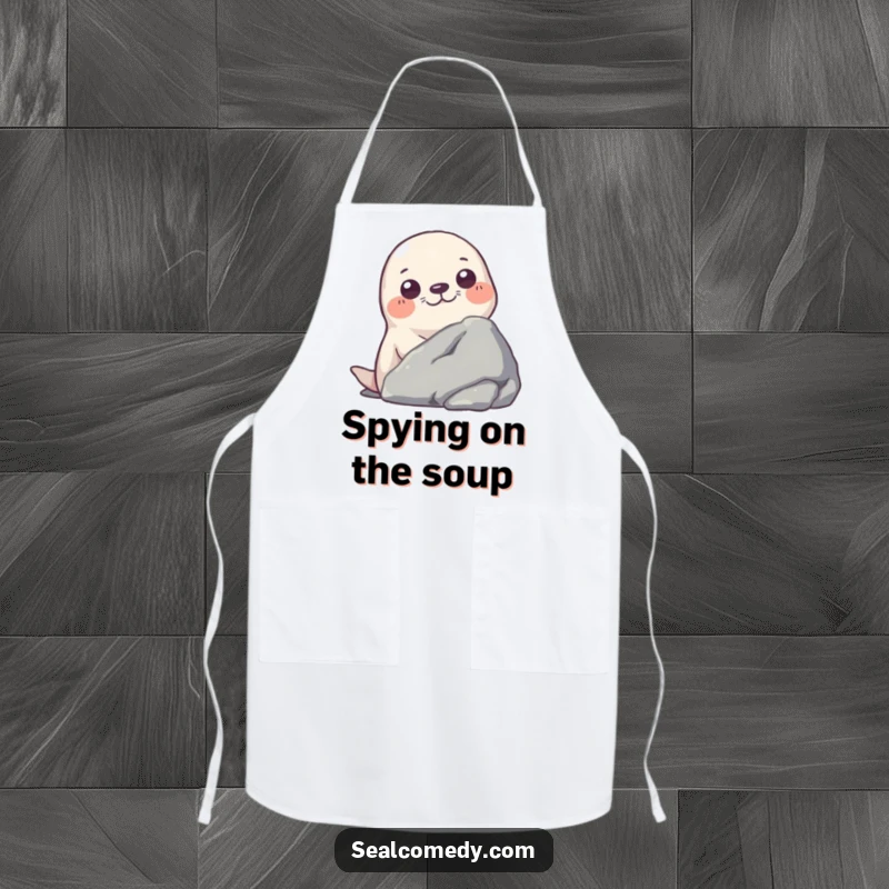 Funny apron featuring a seal curiously peeking from behind a rock, adding a humorous touch to cooking.