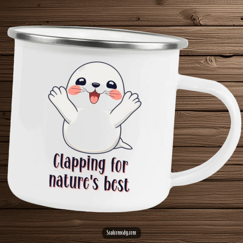 Funny seal camping mug showing a happy seal clapping its flippers with excitement, ideal for outdoor enthusiasts and humor lovers.