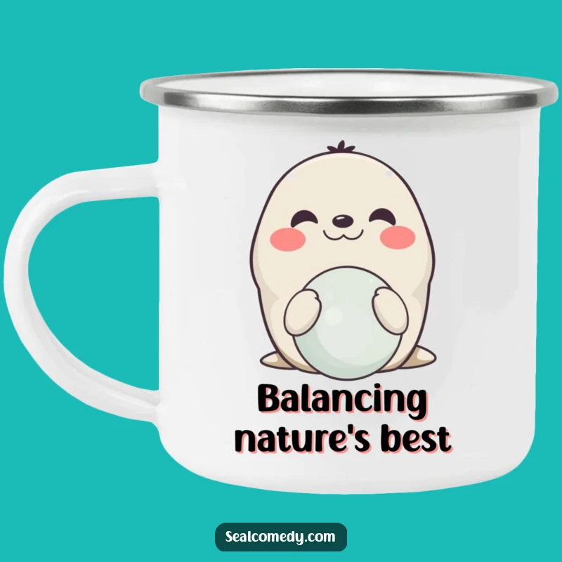 Adventure Ready Funny Smiling Seal Balancing Camping Mug: Sip with Applause!