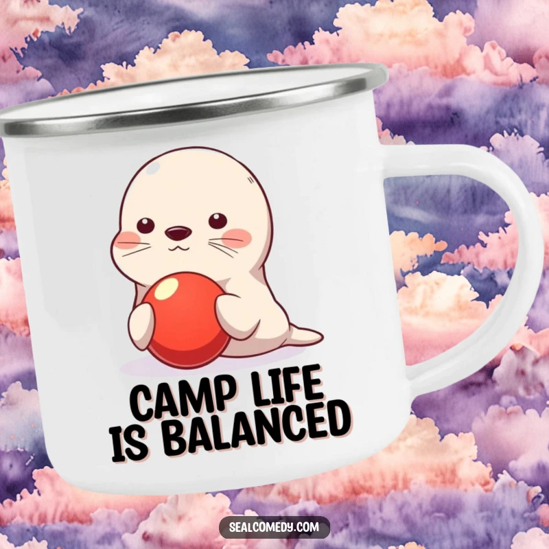 Funny seal camping mug, cute character balancing red ball on nose, playful humorous outdoor drinkware, durable, perfect funny gift for campers.