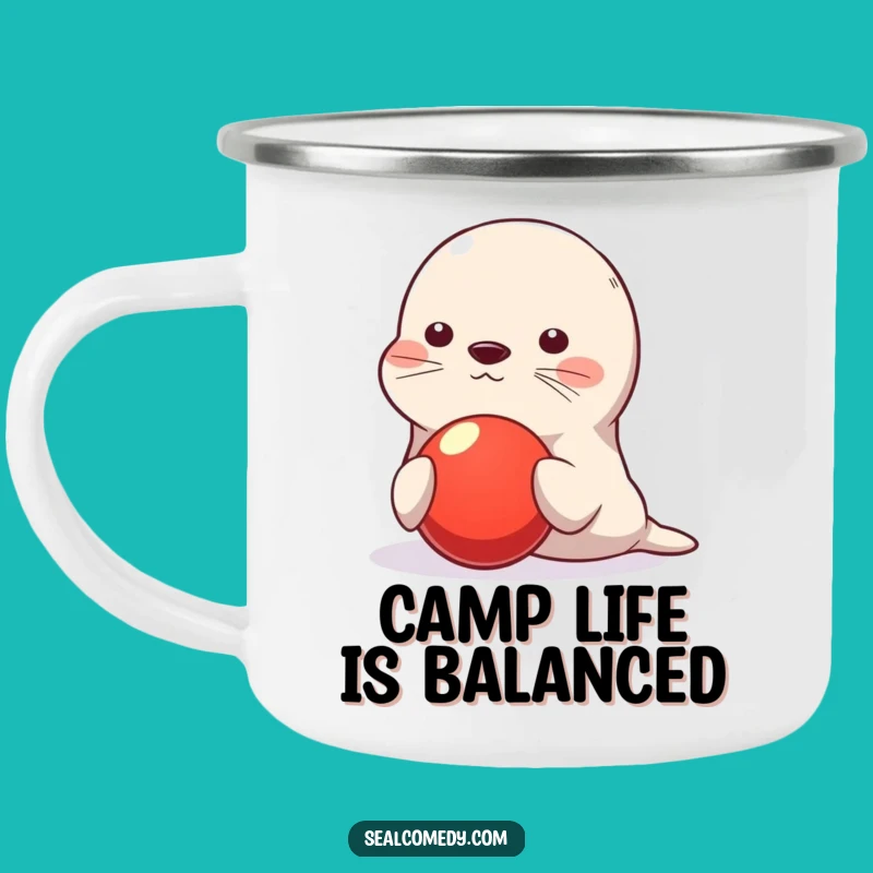 Funny Seal Camping Mug: Balancing Act Adventure, Humorous Outdoor Gift