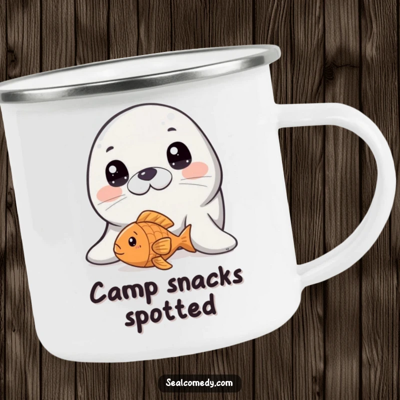 Funny seal with wide, innocent eyes peering at a fish toy, a durable and humorous camping mug.