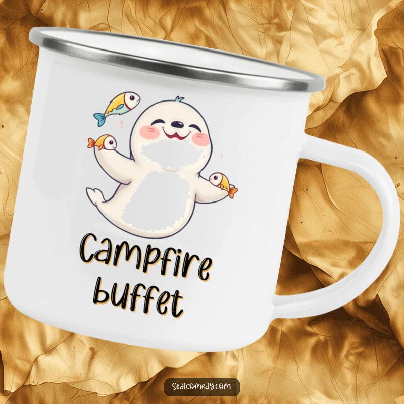 Funny seal juggling fish, depicted on a durable camping mug, adding humor to outdoor beverage enjoyment.