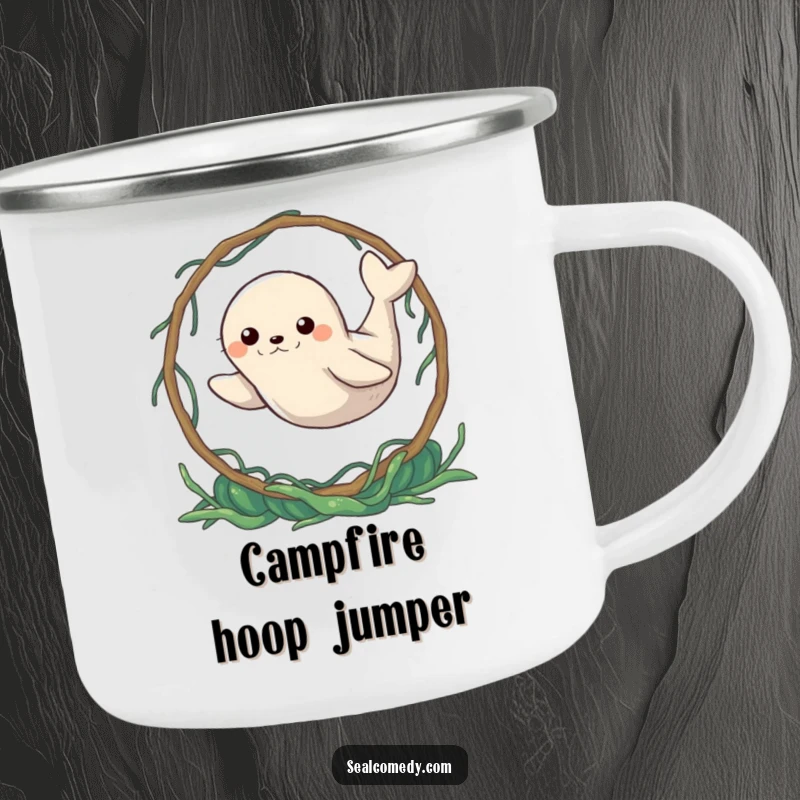 Funny Seal Camping Mug: A determined seal leaping through a seaweed hoop. Durable and humorous, perfect for outdoor challenges.