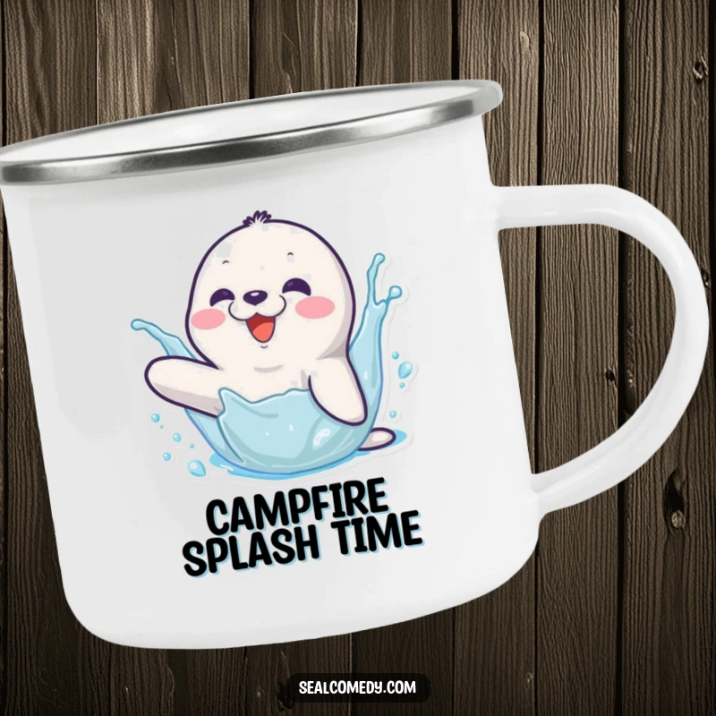 Funny camping mug featuring a happy seal character splashing water with its flipper, ideal for outdoor fun and refreshment.