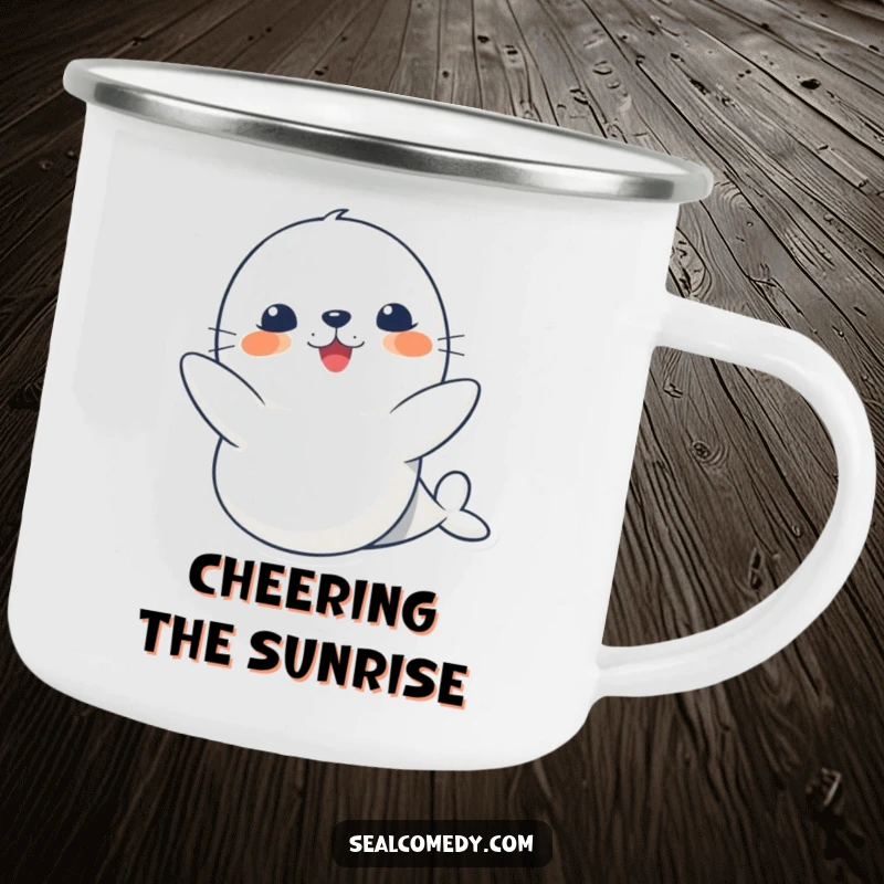 Funny cute seal camping mug, showing a happy clapping seal, perfect for outdoor adventures and spreading cheer.