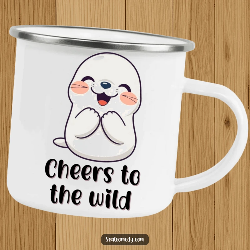 Funny seal camping mug showing a cute character clapping its flippers together joyfully. A humorous travel mug.