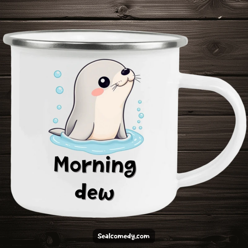 Funny camping mug featuring a sleek seal emerging from bubbly water, designed for durable outdoor use and cheerful sipping.