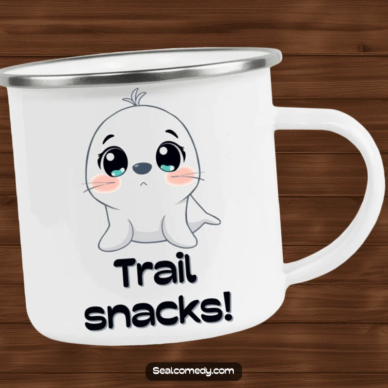Funny camping mug featuring a seal with large, excited eyes looking up, designed for outdoor enjoyment and spreading cheer.