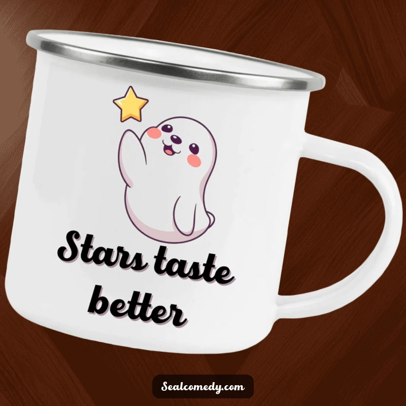Funny Seal Camping Mug: A playful seal reaches a flipper towards a floating star, bringing a touch of whimsy to your outdoor adventures.