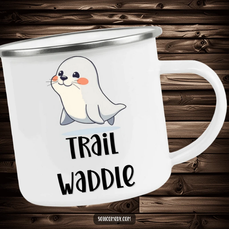 Funny camping mug featuring a seal waddling with a determined, happy gait, designed for durable outdoor use and cheerful sipping.