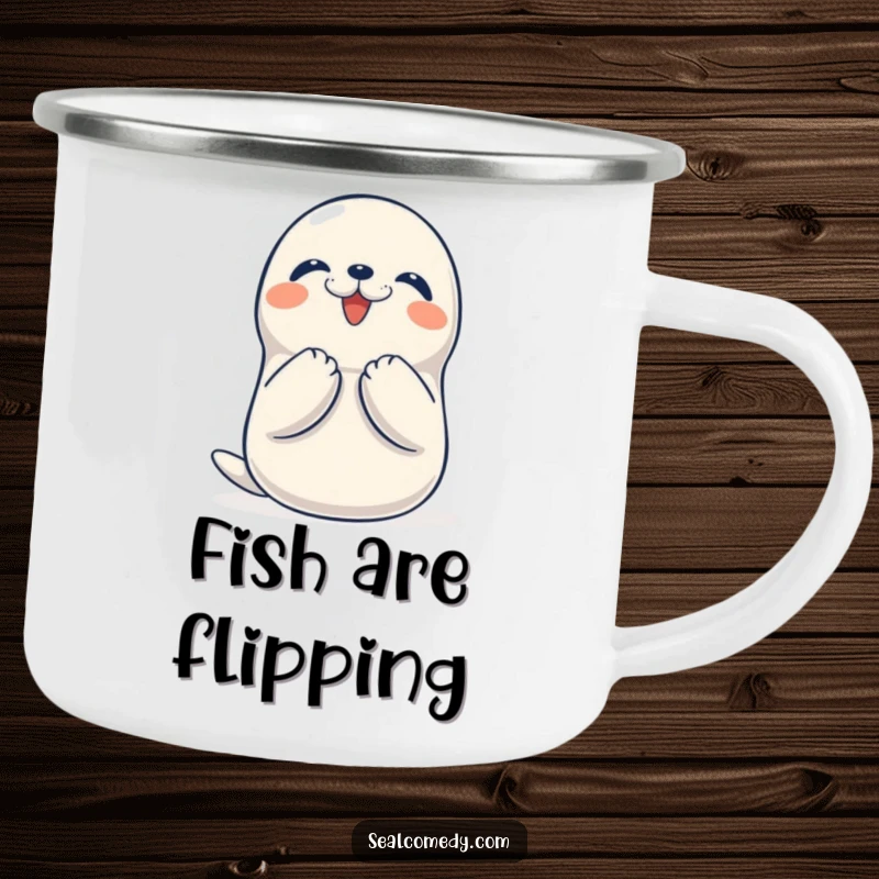 Funny Seal Camping Mug: A happy seal claps its flippers with pure delight, a cheerful companion for your outdoor escapades.