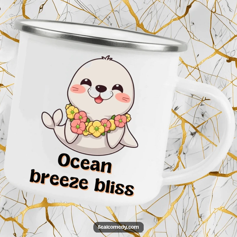 Funny happy seal camping mug with a seaweed lei, bringing tropical cheer and happiness to outdoor excursions.