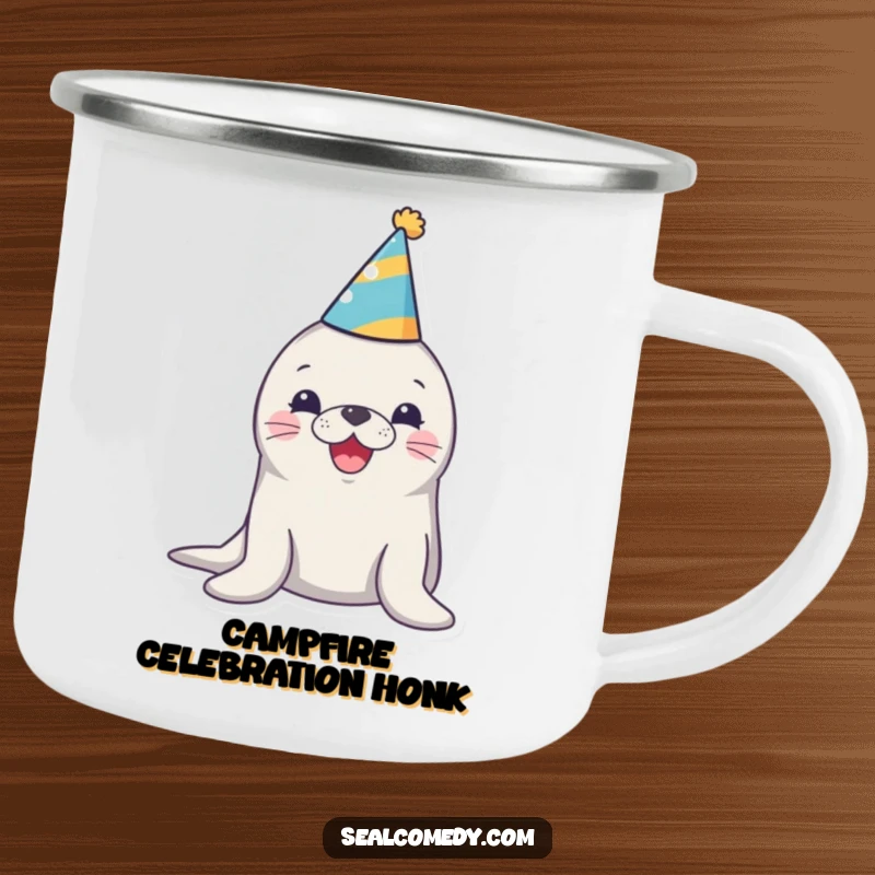 Funny camping mug featuring a seal in a party hat honking with joy, perfect for festive outdoor gatherings.